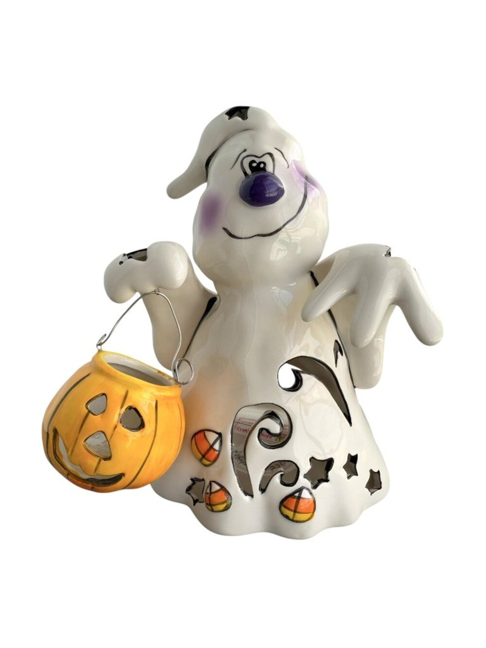 BLUE SKY Halloween Ghost w/ Pumpkin Tealight Candle Holder 2010 Goldminc Retired